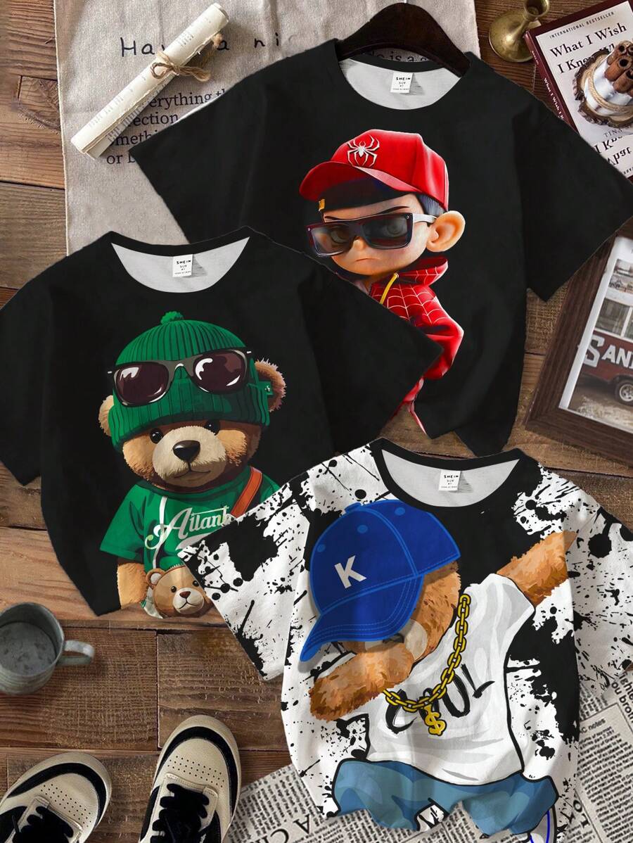 SHEIN Leap Crew 3pcs/Set Teddy Bear Print Casual Soft Knit Short Sleeve T-Shirts For Young Boys, Suitable For Summer - Multicolor - View 1