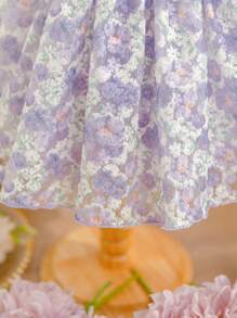 SHEIN Glamorique Kids Baby Girl Purple Flower Bowknot Puff Sleeve Mesh Princess Dress Girls Princess Dress Baby Girl Princess Dress For Baby Girls Occasion Baby Girl Dresses Toddler Dress For Wedding Baby Elegant Dress Baby Spring Dress Princesa Dress For Baby