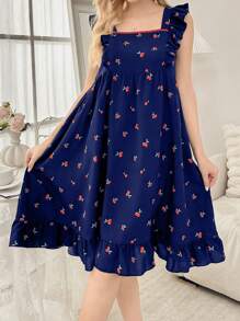 CottageSlumber 樱花印花方领盖袖女式睡袍娃娃装，酒红色节日季 - 藏蓝色 - 查看 3