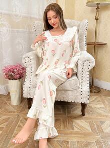 CottageSlumber Romantic Ruffle Trim Tulip Pattern Women's Pajama Set
