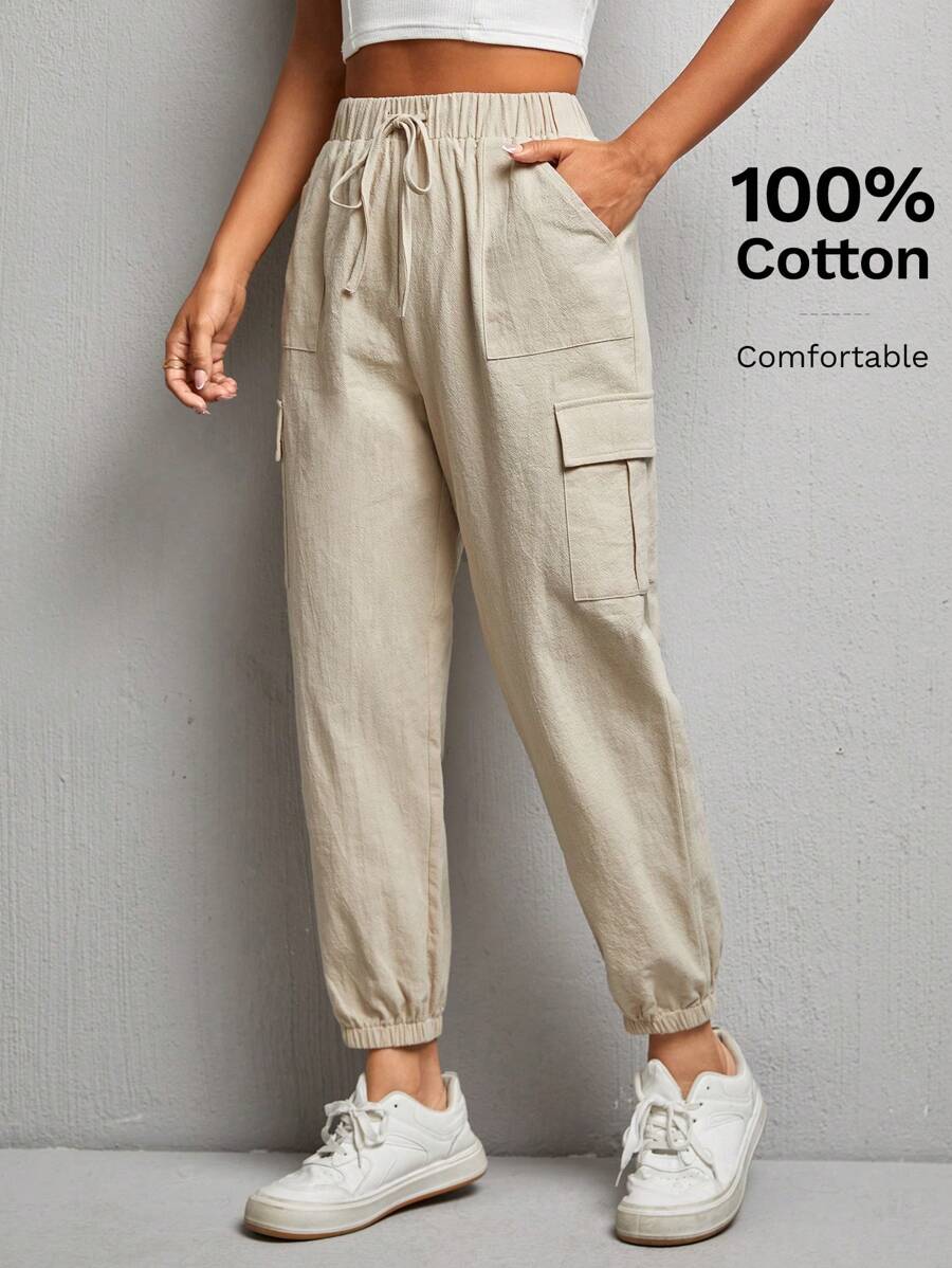 SHEIN PETITE Flap Pocket Side Drawstring Waist Cargo Pants - Khaki - View 1