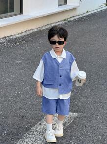 SHEIN 3 件套年轻男孩休闲侧袋无袖上衣、纯色领衬衫和长裤套装，适合开学第一天、日常穿着、户外、运动、春夏季