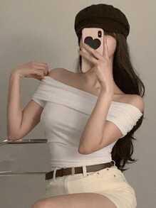 DAZY 女士露肩纯色T恤，简约时尚，适合夏季 - 白色 - 查看 5