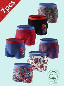 7pcs/Pack Tween Boys Cartoon Print Comfortable Boxer Briefs - Multicolor - View 1