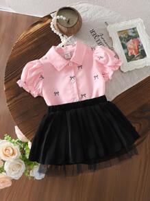 SHEIN 女婴休闲可爱全印花领黑色蝴蝶衬衫和褶皱迷你裙套装，夏季