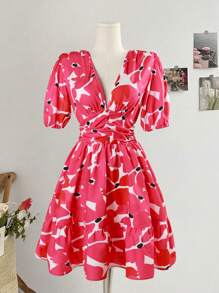 Breezaya Women's Floral Print Deep V Neck Ruched Waist Puff Sleeve Dress - Hot Pink - View 1