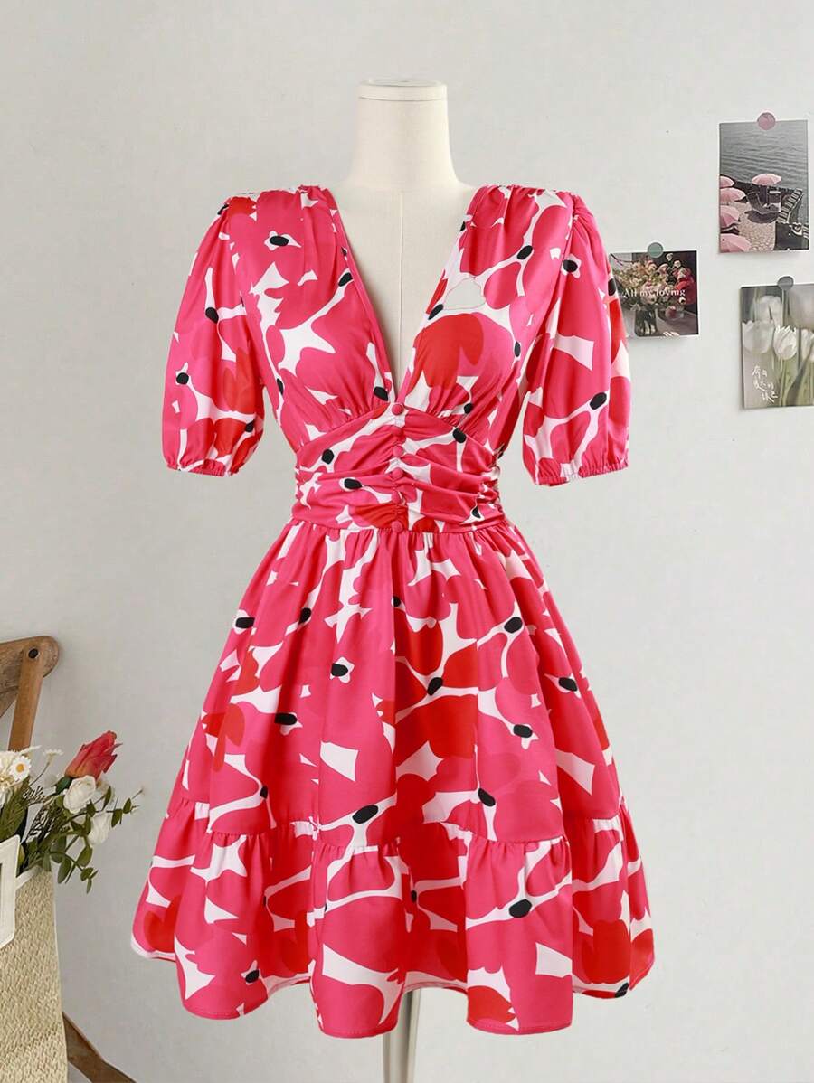 Breezaya Women's Floral Print Deep V Neck Ruched Waist Puff Sleeve Dress - Hot Pink - View 1
