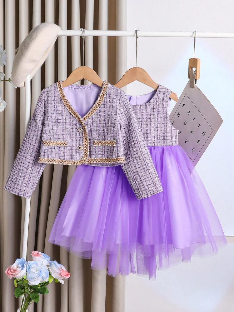 SHEIN Conjunto de chaqueta de botones de cuadros y vestido sin mangas con dobladillo esponjoso de parche de malla para niña - Morado - Añade 3