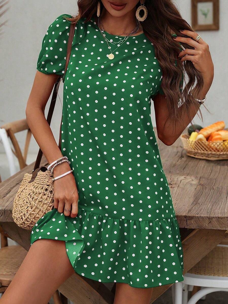 SHEIN LUNE 波尔卡圆点印花泡泡袖连衣裙，荷叶边下摆，适合新年衣服 - 綠色 - 查看 1