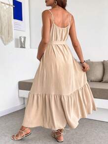 SHEIN Pregnant Women Solid Color Casual Holiday Sleeveless Dress Maternity Dress - Khaki - View 2