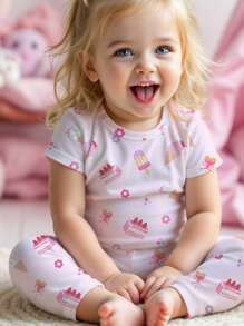 SHEIN Toddler Girls' Cake & Ice Cream Cute Print Fitted Crew Neck Comfy Short Sleeve Pajama Set, Snug Fit, Suitable For Spring/Summer - Multicolor - View 5