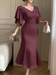 DAZY 亮片拼布荷叶边袖鱼尾中长连衣裙女士舞会礼服优雅太阳裙 - 紫色 - 查看 5