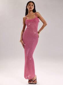 SHEIN BAE Sexy Damen Glitzer Fransen Ausschnitt-Ausschnitt lang anliegendes Bodycon Strickkleid