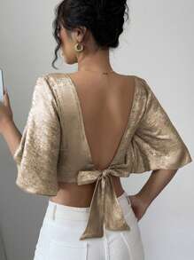 Selianne 女士春夏休闲度假缎面挂脖荷叶边袖衬衫 - 金色 - 查看 3