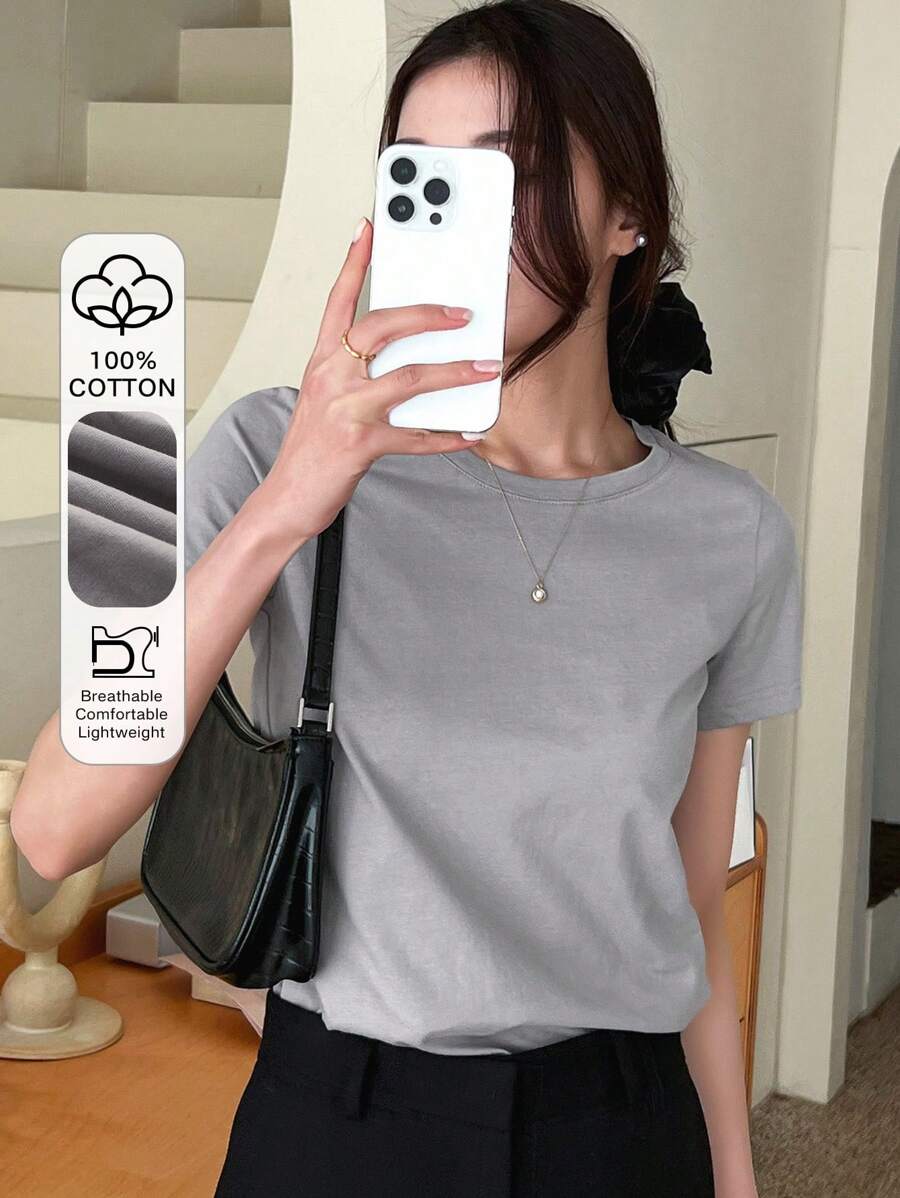 DAZY 纯色圆领T恤，商务休闲女式学院风上衣 - 淺灰色 - 查看 1
