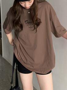 DAZY Women's Drop Shoulder Slogan Printed T-Shirt Summer Oversized T-Shirt - Coffee Brown - View 5