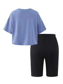 SHEIN Explorewe 2pcs/Set Teen Girls Printed Cropped T-Shirt And Solid Color Elastic Waist Shorts Set - Multicolor - View 2
