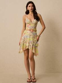 Poéselle 2pcs/Set Women Floral Print Sleeveless Top And Mini Skirt Sets, Vacation