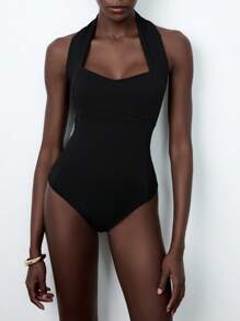 Lumivelle Body de unicolor con cuello halter y espalda descubierta, simple y sexy para mujer