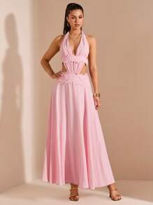 SHEIN BAE Vestido largo de línea A con escote en V profundo y volantes en el bajo, estilo sexy y dulce para vacaciones y resorts, adecuado para damas de honor y galas