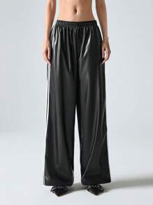 LYSMO Women's Fall Contrast Color Ribbon Striped Leather Sports Trousers Back To School Season Clothing