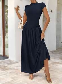Firerie Minimalistisch Elegant Dagelijks Draagbaar Uniek Effen Kleur Korte Mouw Getailleerde Staande Kraag Asymmetrische A-lijn Taille Lange Jurk