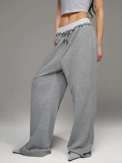 TRNVIE 女士宽松撞色腰带喇叭形运动休闲长款运动裤（灰色）