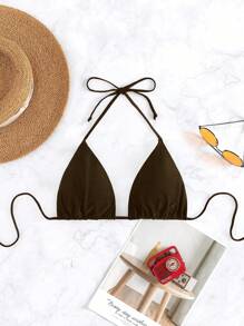 SHEIN Swim 女士夏季海滩纯色吊带前系带性感比基尼上衣 - 棕色 - 查看 3