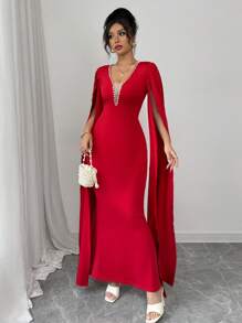 Elenzga Red Beaded Mesh Patchwork Mermaid Hem Bodycon Dress - Red - View 4