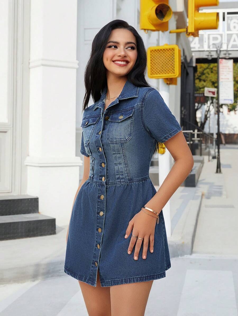 SHEIN Essnce Women's Washed Front Button Short Sleeve Denim Dress - Medium Wash - View 1