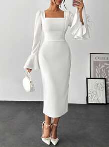 EURMUSE Elegant Style, Square Neck Flare Sleeve With Feather Detailed Midi Dress