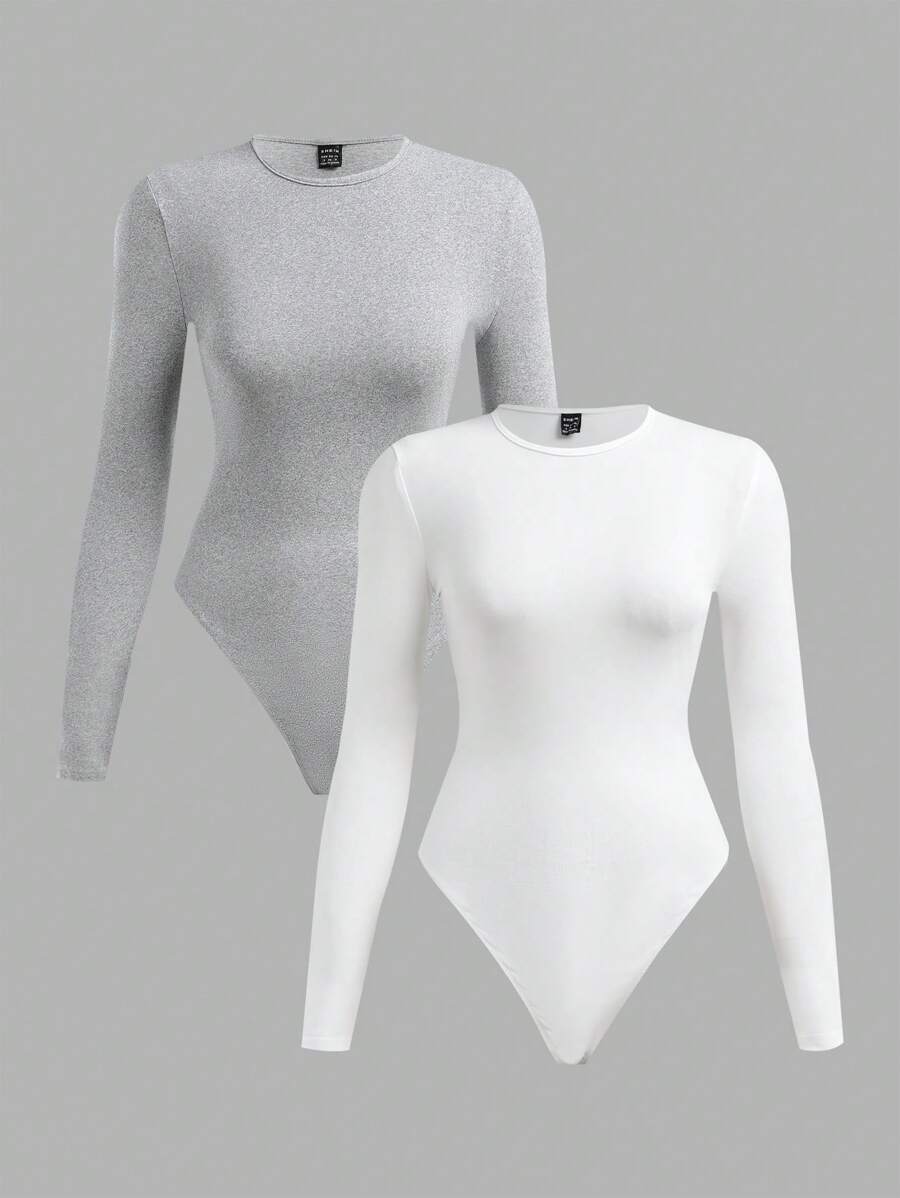 SHEIN BASICS Set de 2 bodys con cuello redondo de manga larga de punto de unicolor informal para mujer - Gris Claro - Ver 1