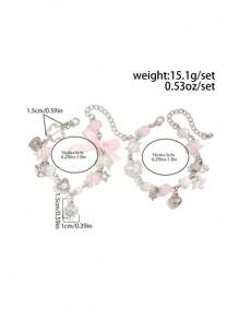 ROMWE Kawaii 2 件可爱心形和蝴蝶结珍珠吊坠手链套装，适合朋友、情侣、节日礼物、情人节 - 淺粉色 - 查看 4