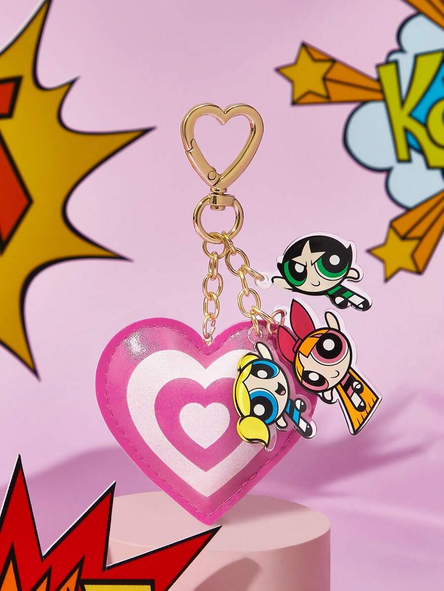 THE POWERPUFF GIRLS X SHEIN 时尚3D心形皮革钥匙扣,亚克力吊坠装饰配件,Y2K风格,情人节 - 彩色 - 查看 1