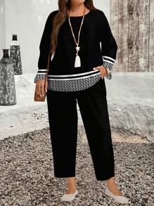 EMERY ROSE 2 sztuki/zestaw Plus Size Casual Minimalistyczny Zestaw z geometrycznym nadrukiem, odpowiedni na wiosnę i jesień - Wielokolorowe - Zobacz 7