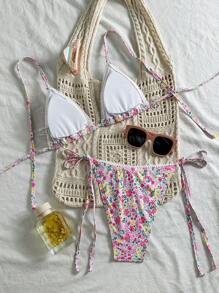Swim Mod 2pcs Set Floral Lace Trim Sexy Lace-Up Women Swimwear Bikini Set - Multicolor - View 2
