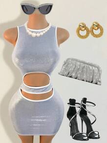 BamGleam Women's 2025 Spring/Summer New Silver Sexy Sleeveless Hollow Out Bodycon Mini Dress, Suitable For Nightclub, Party, Outing - Silver - View 1