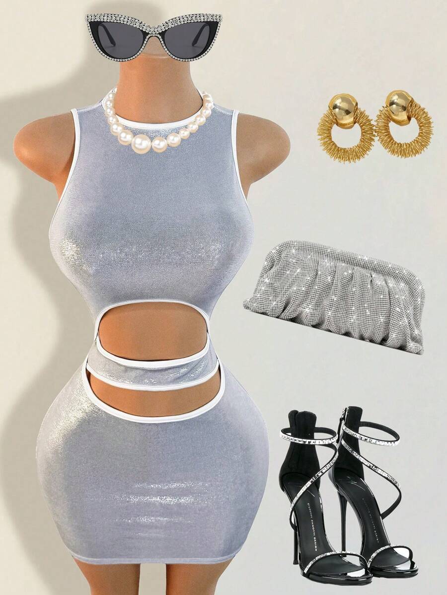 BamGleam Women's 2025 Spring/Summer New Silver Sexy Sleeveless Hollow Out Bodycon Mini Dress, Suitable For Nightclub, Party, Outing - Silver - View 1