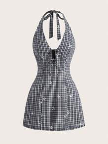 Easelle Black Plaid Woven Women's Halter Neck Dress