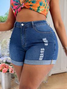 SHEIN SXY Plus Size Women's Casual Boho Denim Blue Elastic Waist Versatile Shorts - Blue - View 2