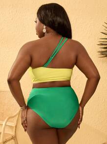 SHEIN Slayr CURVE 2pcs Plus Size Women Letter Print One Shoulder Top And High Waist Triangle Bottom Minimalist Casual Beach Tankini Swimwear, For Summer Vacation - Yellow - View 2