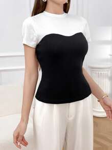 Modelyn 女士夏季拼色立領短袖休閒時尚T恤 - 黑與白 - 查看 3