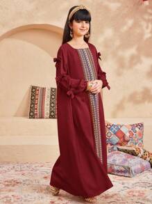 SHEIN Tween Girls' Patchwork Retro Print Loose Casual Square Neck Long Sleeve Dress