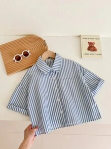 SHEIN LMoss Kids Tween Girls' Casual Turndown Collar Patch Pocket Loose Striped Cropped Short Sleeve Blouse - Blue - View 3
