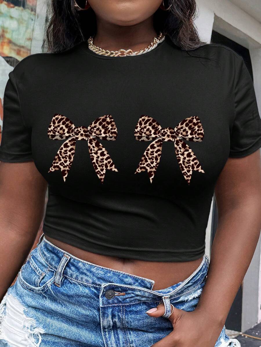 Slaydiva Casual Simple Leopard Print Bow Decor Round Neck Short Sleeve Cropped Tight Fitting Plus Size Women T-Shirt Top, Summer