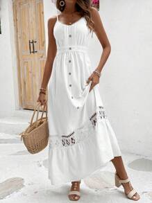 SHEIN Clasi Váy chữ A buộc eo phía trước bằng ren chắp vá màu trơn cho nữ - trắng - Xem 3