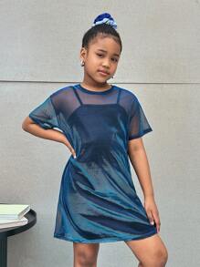 Tween Girls Buy One Get One Free, Fashion Street Colorful Sheer See-Through Mesh Dress With Built-In Black Suspender Dress, Back To School, Sweet And Cool Girl, Y2K