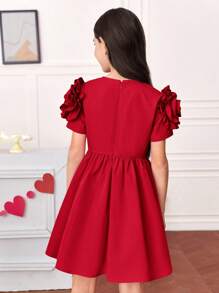 SHEIN Tween Girl Solid Color Rose Flower Ruffle Hem Zipper Short Sleeve Dress