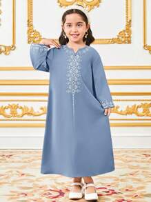 SHEIN Leap Crew Retro Pattern Print Long Robe For Young Girl - Blue - View 5
