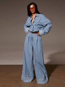 Athîral 女式秋季落肩长袖单排扣口袋休闲牛仔连体裤